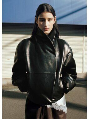 MANGO SELECTION  LEATHER BOMBER JACKET WITH WRAPAROUND COLLAR